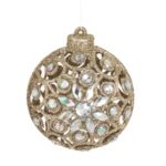 Ornament Brad de Craciun Glob Bej cu Glitter Strass Ø8cm