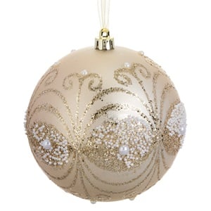 glob-cra-sampaniu-gl-margele-12cm-list.jpg Ornament Brad de Craciun Glob Sampaniu Mat cu Margele & Glitter Ø12cm - Image 1