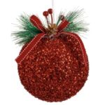 Ornament Brad de Craciun Glob Rosu cu Beteala Ramuri & Fundita Ø12cm