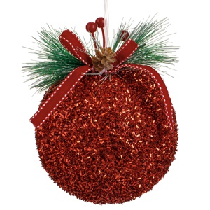 glob-ros-betea-funda-cablu-12cm-list.jpg Ornament Brad de Craciun Glob Rosu cu Beteala Ramuri & Fundita Ø12cm - Image 1