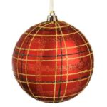 Ornament Brad de Craciun Glob Rosu Mat in Carouri Rosii Aurii Negre Glitter Modele Ø12cm