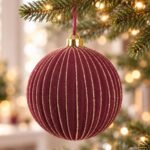 Glob de Craciun Bordo Catifelat cu Dungi din Glitter Auriu Ø15cm