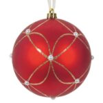 Ornament Brad de Craciun Glob Rosu Mat cu Modele Aurii cu Glitter & Margele Ø12cm