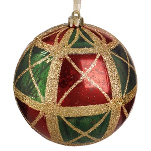 glob-ros-verde-carou-gl-auriu-12cm-list.jpg Ornament Brad de Craciun Glob Rosu Verde cu Glitter Auriu Ø12cm - Image 1