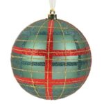 Ornament Brad de Craciun Glob Verde Mat in Carouri Rosii Aurii Glitter Modele Ø12cm