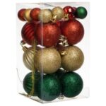 Set Globuri de Craciun Verzi Rosii Sampanii cu Glitter Ø3cm & 6cm - 24buc