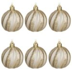 Set Globuri de Craciun Sampanii cu Dungi Reliefate & Glitter Mar Ø6cm - 6buc