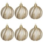 Set Globuri de Craciun Sampanii cu Dungi Reliefate & Glitter Mat Ø8cm - 6buc