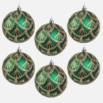 Set Globuri de Craciun Verzi cu Modele din Glitter Auriu Ø10cm - 6buc