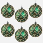 Set Globuri de Craciun Verzi cu Modele din Glitter Auriu Ø8cm - 6buc