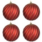 Set Globuri de Craciun Rosii Mate cu Model Ondulat & Glitter Ø12cm - 4buc