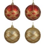Set Globuri de Craciun Rosii Aurii cu Modele Glitter Ø8cm - 4buc