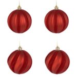Set Globuri de Craciun Rosii Mate cu Dungi Catifelate Ø10cm - 4buc