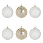 Set Globuri de Craciun Bej Frosty cu Dungi & Glitter Holografic Ø10cm - 6buc