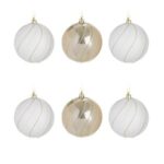 Set Globuri de Craciun Bej Frosty cu Dungi cu Glitter Holografic Ø8cm - 6buc