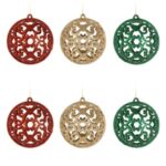 Set Globuri de Craciun Aurii Rosii Verzi cu Glitter Model Perforat Ø8cm - 6buc