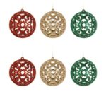 Set Globuri de Craciun Aurii Rosii Verzi cu Glitter Model Perforat Ø6cm - 6buc