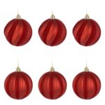 Set Globuri de Craciun Rosii Mate cu Dungi Catifelate Ø8cm - 6buc