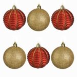 Set Globuri de Craciun Rosii Mate Aurii cu Glitter Ø8cm - 6buc