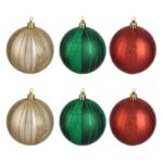 Set Globuri de Craciun Sampanii Verzi & Rosii cu Dungi Glitter Ø8cm - 6buc