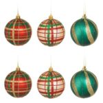 Set Globuri de Craciun Rosii Verzi Bej Carouri Glitter Ø8cm - 6buc