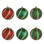 Set Globuri de Craciun Rosii Verzi Dungi cu Glitter Ø10cm - 6buc