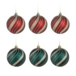 Set Globuri de Craciun Rosii Verzi Dungi Bej cu Glitter Ø6cm - 6buc
