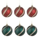 Set Globuri de Craciun Rosii Verzi Dungi Bej Glitter Ø8cm - 6buc