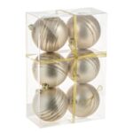 Set Globuri de Craciun Bej Sampanii Mate cu Dunga cu Glitter Ø10cm - 6buc