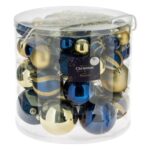 Set Globuri de Craciun Albastre Aurii Mate Stralucitoare cu Glitter 4-6-8-10cm & Beteala - 55buc
