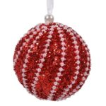 Ornament Brad de Craciun Glob din Spuma Rosu cu Glitter & Margele Albe Ø8cm