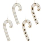 Ornamente Brad de Craciun Acadele Bastonas Bej Sampanie cu Dungi Holografice Albe 14cm - 4buc