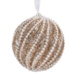 Ornament Brad de Craciun Glob din Spuma Bej Sampanie cu Glitter & Margele Albe Ø10cm