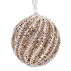 list-60.jpg Ornament Brad de Craciun Glob din Spuma Bej Sampanie cu Glitter & Margele Albe Ø10cm - Image 1