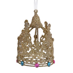 list-62.jpg Ornament Brad de Craciun Coroana cu Glitter Auriu & Pietre Roz Bleu Ø7x11cm - Image 1
