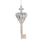 Ornament Brad de Craciun Cheie cu Coroana Bej Samanie Glitter Argintiu 5x15cm