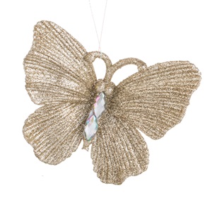 ornam-cra-fluture-samp-stras-10cm-list.jpg Ornament Brad de Craciun Fluture Bej cu Glitter & Cristale 11x9cm - Image 1