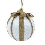 Ornament Brad de Craciun din Spuma Glob Alb Holografic Panglica cu Glitter Bej Glitter Ø8cm