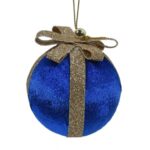 Ornament Brad de Craciun din Spuma Glob Catifelat Albastru Glitter Bej Sampanie Panglica 8Øcm