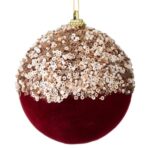 Ornament Brad de Craciun din Spuma Glob Rosu Catifelat Paiete Margele Bej Ø9cm