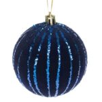 Ornament Brad de Craciun Glob Catifelat Albastru cu Dungi Glitter Ø8cm