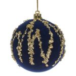 Ornament Brad de Craciun Glob Catifelat Albastru cu Paiete Aurii Ø9cm