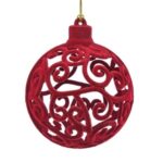 Ornament Brad de Craciun Glob Catifelat Bordo cu Model Perforat Ø8cm