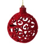 Ornament Brad de Craciun Glob Catifelat Rosu cu Model Ø8cm