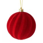 Ornament Brad de Craciun Glob Catifelat Rosu Model Linii Ondulate Ø8cm
