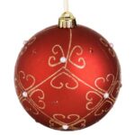 Ornament Brad de Craciun Glob Rosu Mat cu Model Floral Auriu Margele & Strass Ø15cm