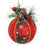 Ornament Brad de Craciun Glob Rosu Verde Carouri Catifelat Crenguta Berries 8cm