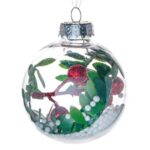 Ornament Brad de Craciun Glob Transparent Zapada Frunze Verzi Bile Rosii Glitter Ø8cm
