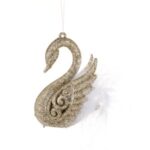 Ornament Brad de Craciun Lebada Bej cu Glitter & Pene 7.5x11cm