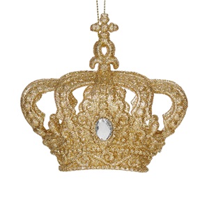 ornament-cra-coroana-aurie-10ch9cm-list.jpg Ornament Brad de Craciun Coroana cu Glitter Auriu & Piatra 11x9.5cm - Image 1